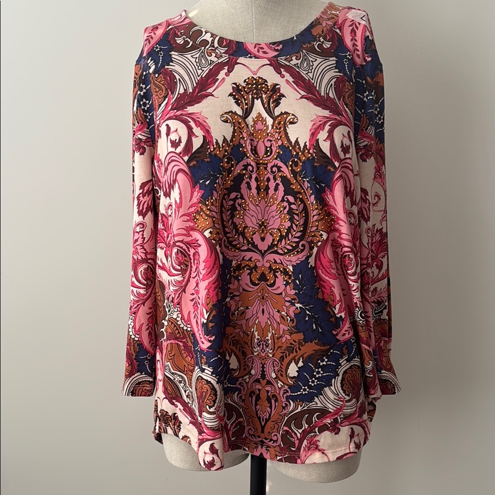 One World Top Womens Large Pink Ivory Floral Graphic Pink Artsy Boho 3/4 Sleeve